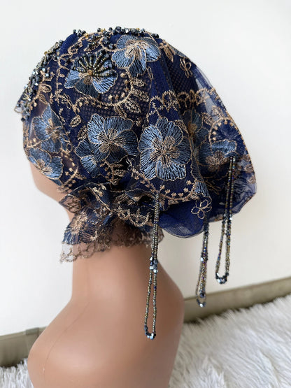 High Quality Lace handcrafted Beaded Turban Hat Female Head Wraps Caps Muslim Women Headscarf Bonnet Ready to Wear Inner Hijabs