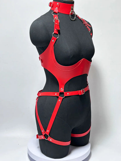 Women Fashion Punk Style Faux Leather Full Body Harness Belt, Garter Belt Set,Gothic Collocation Costume Accessories