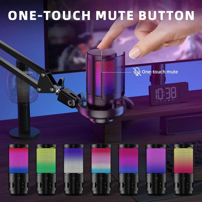 USB Condenser Gaming Microphone Kit,Cardioid Mic with Adjustable Boom ArmRGB Light,Plug‑Play for PC PS4 PS5 Streaming Podcast