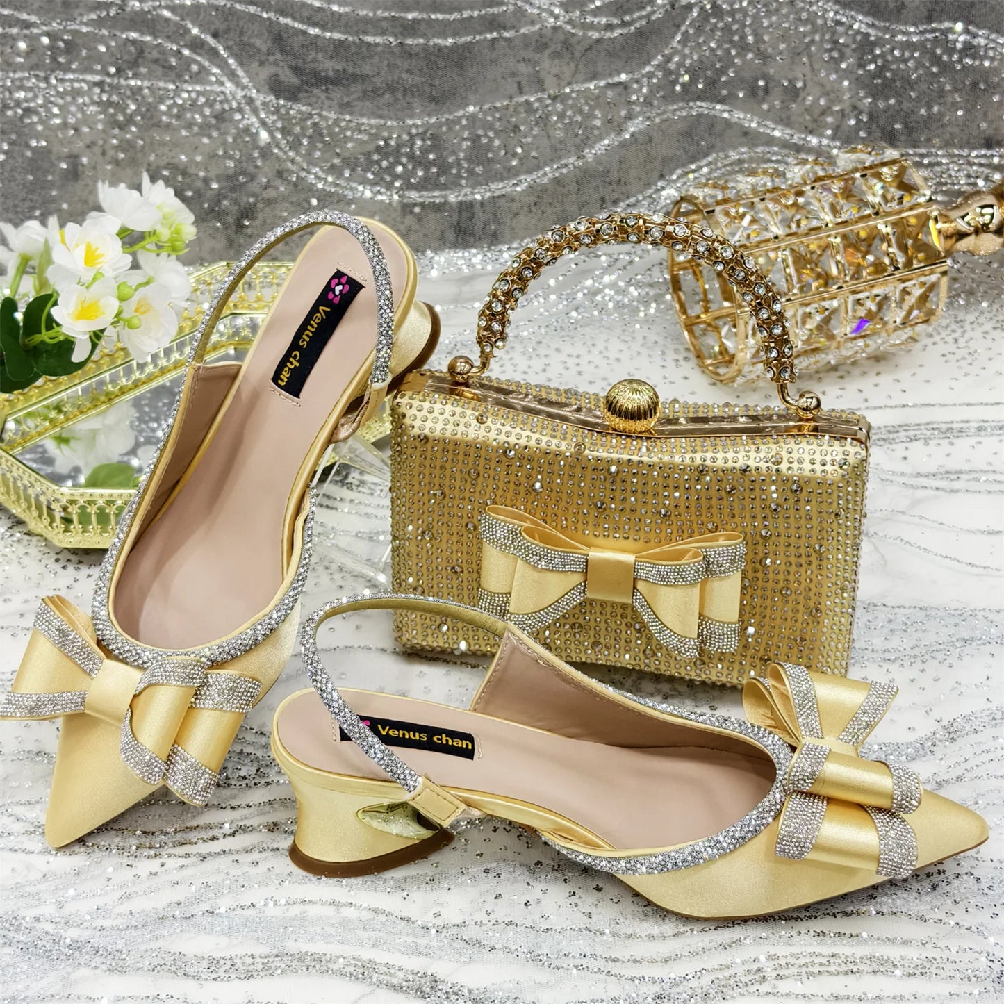 Elegant Gold Satin Rhinestone Bow Slingback Heel & Clutch Bag Set, Women Bridal Matching Kit For Wedding Party Evening Prom Form