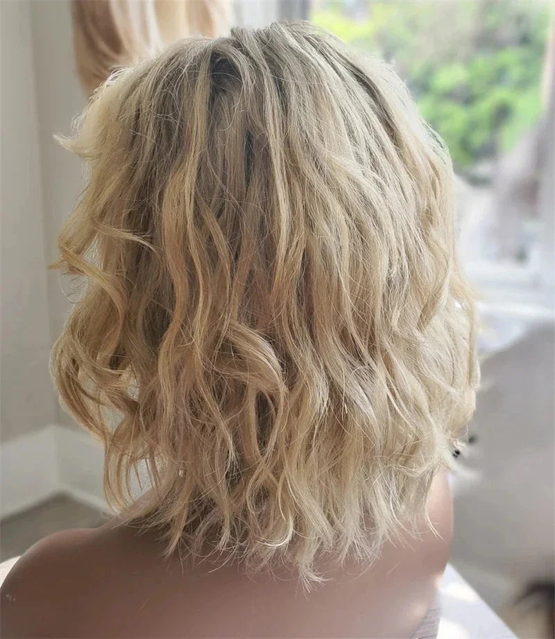 Synthetic Lace Front Wig Short Wavy Bob Wig for Women Blonde Highlights Glueless HD 13X4 Lace Front Wig Pre Plucked Middle Part