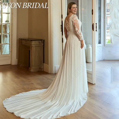 EVON BRIDAL Customized V-Neck Long Sleeve Wedding Dress Plus Size Lace Appliques Chiffon Bride Dresses A-Line Bridal Gown