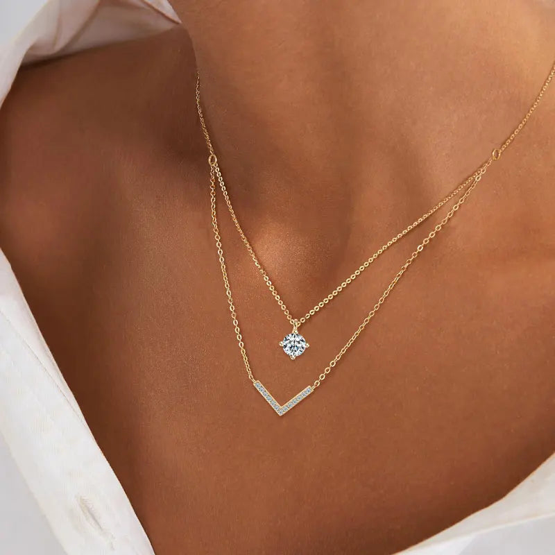 RAPRGOLD Certified Moissanite V-shape Pendant Double Necklaces Chains for Women S925 Sterling Silver Fine Jewelry Gifts Collares