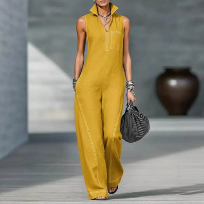 Solid Color Women Sleeveless Jumpsuit Casual Long Pants Rompers with Pockets Summer Zip Up Stand Collar One Piece Overalls