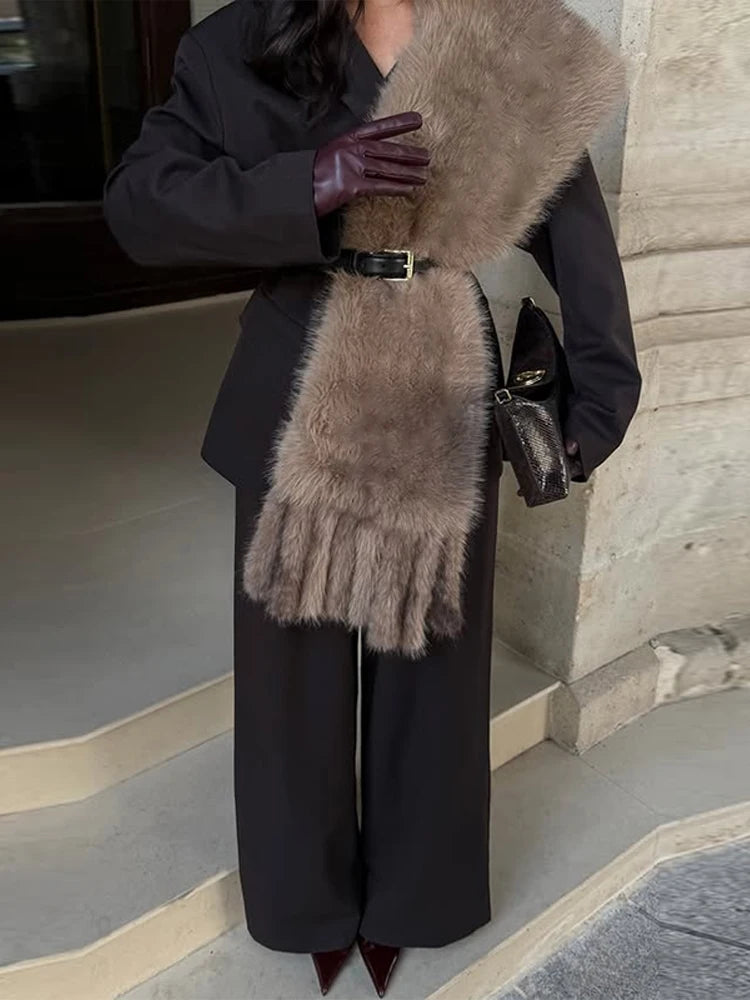 Elegant Solid Women's Tassels Faux Fur Scarf Thicken Tassels Patchwork Long Scarves Female 2026 Spring New Chic Scarf Lady