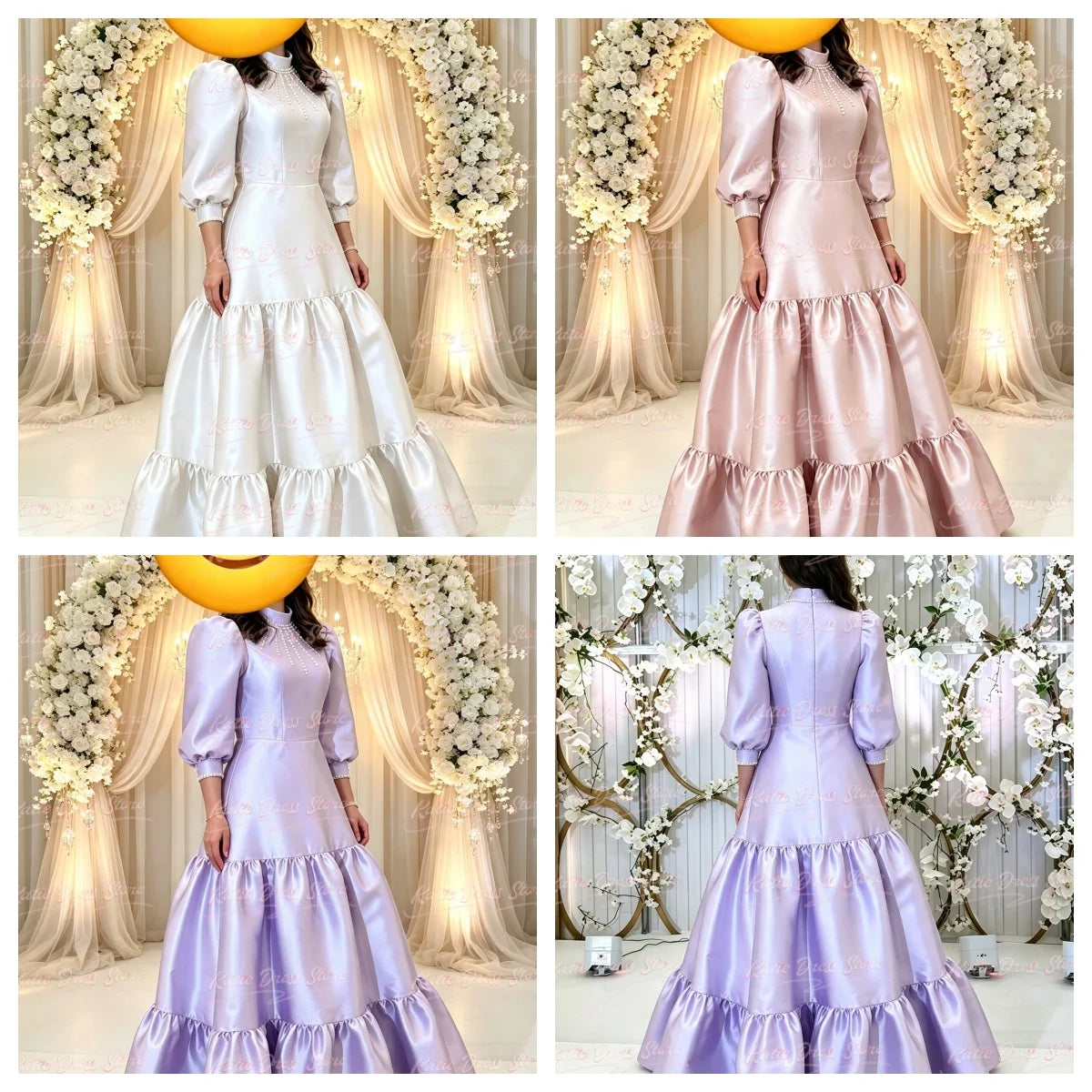 Satin Bridesmaid Dress For Women Balloon Sleeve A-line High Neck WIth Pearls Birthday Party Evening Ball Gown Customized