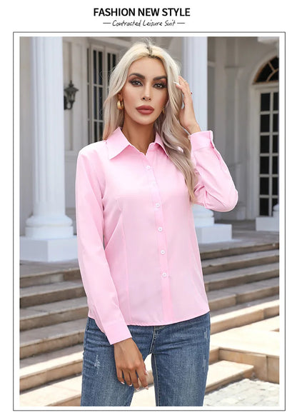 Women Elegant Solid Button Shirt Chiffon Blouse Spring Summer Casual Solid Long Sleeve Turn Down Collar Tunics OL Shirt Tops