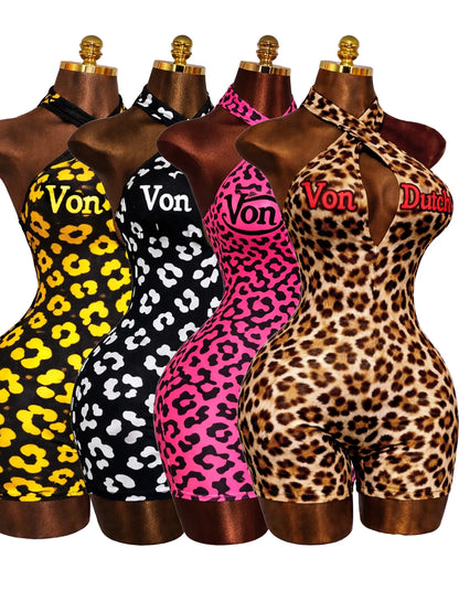 Women Jumpsuit Spring Summer Fashion Letter Print Crossed-Neck Deep V Backless Shorts Jumpsuit Girl Sexy Leopard Bodycon Rompers