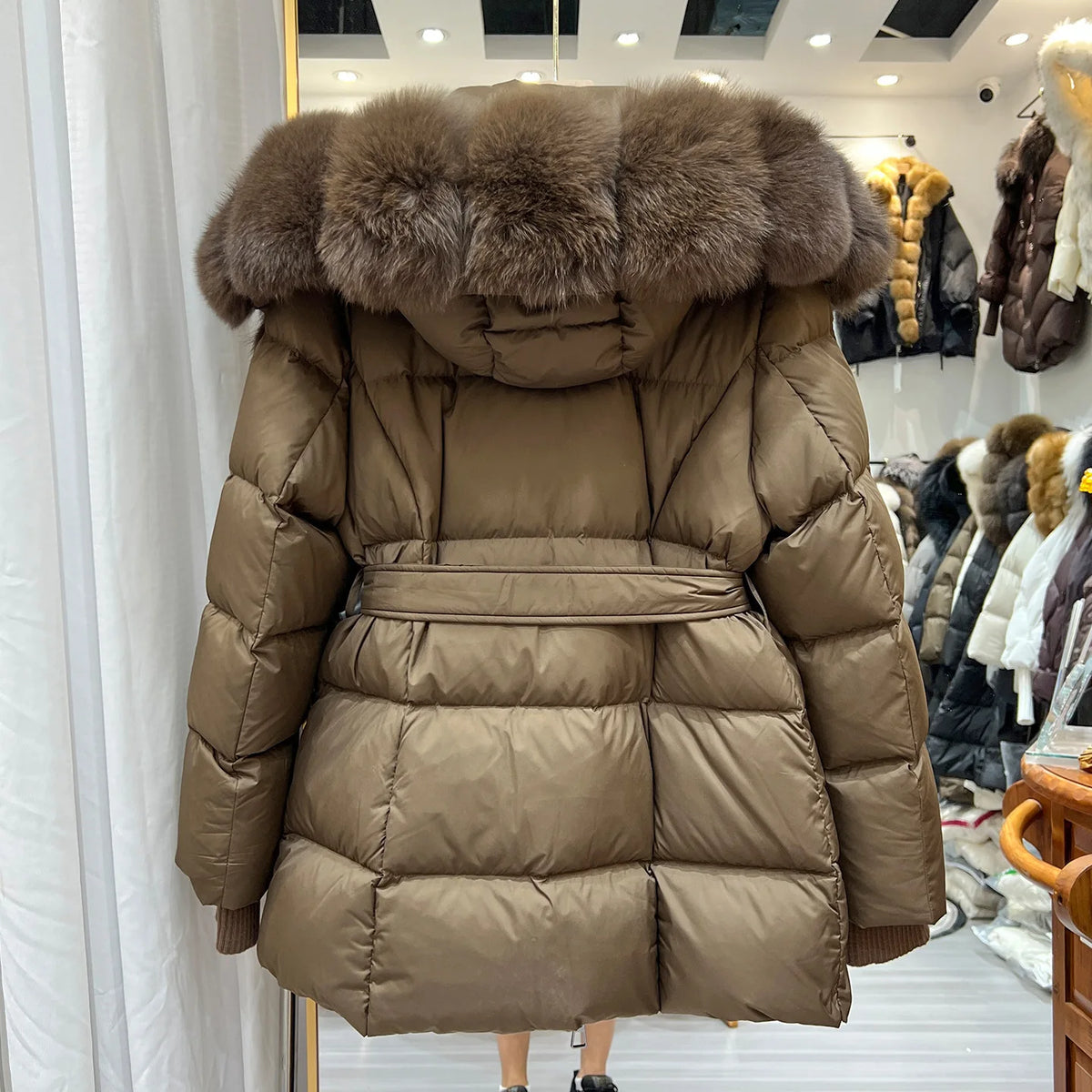 Women Winter Long Down Jacket Genuine Fox Fur Large Collar Hooded Slim Fit Waist Belt Warm Fashion Versatile Casual Winter Coat