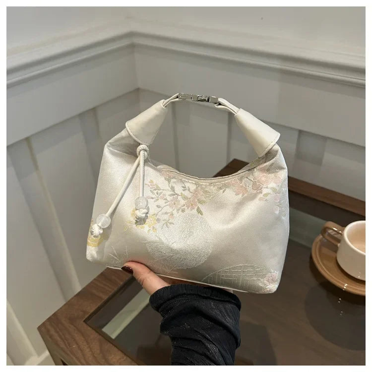 Fashion Luxury Women Embroidery Shoulder Bag Nylon Pearl Pendant Bucket Bag Versatile Handbag Retro Women Crossbody Bags сумка