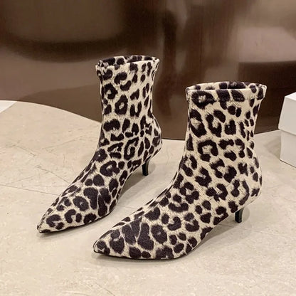Brand Design Leopard Elastic Boots Women 2025 Winter Sexy Pointed Toe High Heel Party Boots Womens Dress Pumps Fashion Booties