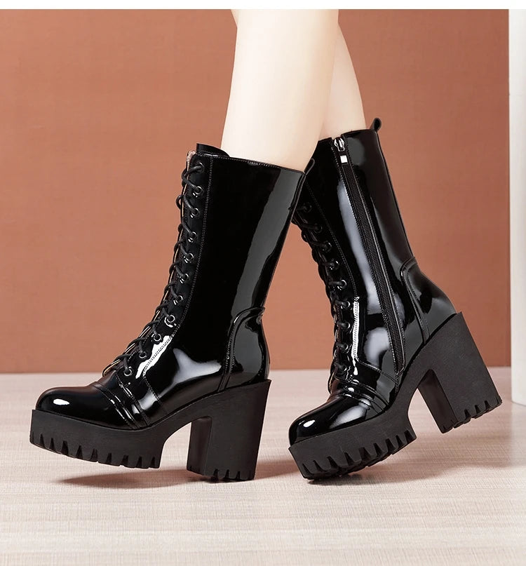 10cm Small Size 32-43 Fall Winter Genuine Leather Boots Platform Shoes 2026 Womens Block High Heels Mid Leg Boots Office Model