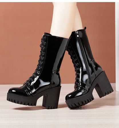10cm Small Size 32-43 Fall Winter Genuine Leather Boots Platform Shoes 2026 Womens Block High Heels Mid Leg Boots Office Model