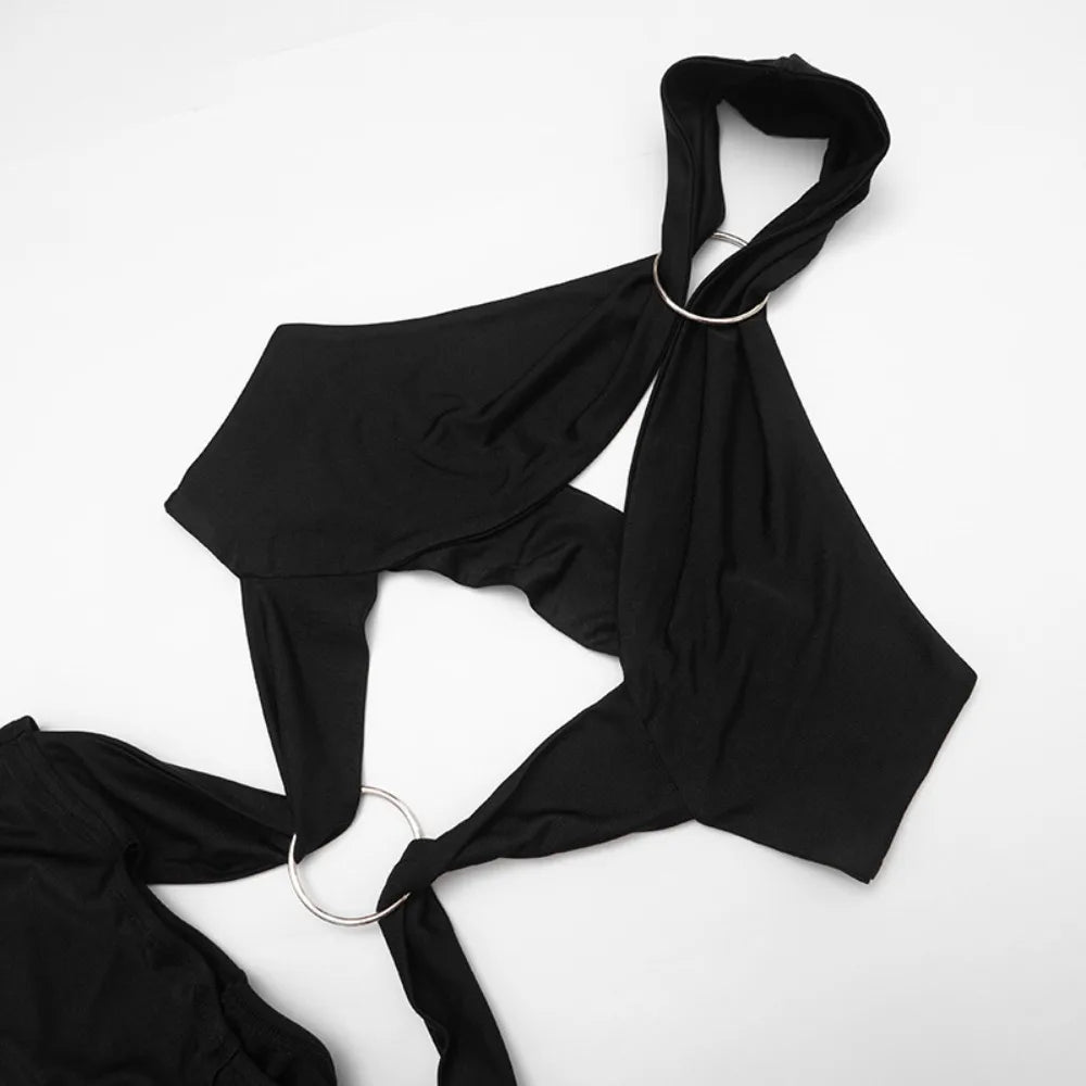 FLARORA Sexy Hollow Out Jumpuits Woman Metal Ring Decoration Halter Sleeveless Backless Skinny Rompers Midnight Party Clubwear