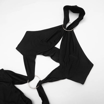 FLARORA Sexy Hollow Out Jumpuits Woman Metal Ring Decoration Halter Sleeveless Backless Skinny Rompers Midnight Party Clubwear