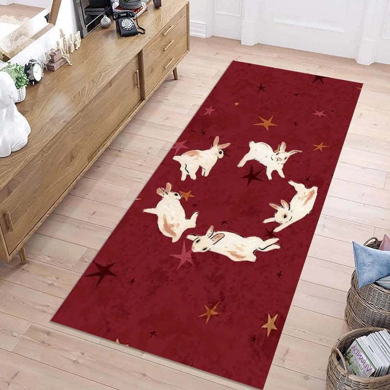 Cute Green Starry Rabbit Non-slip Soft Washable Runner Rug for Hallway Kitchen Bedroom Home Decoration