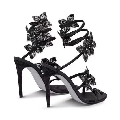 Luxury Rhinestones Flowers Women Gladiator Sandals Sexy Snake Twine Ankle Strap High heels Summer Wedding Prom Shoes Sandalias