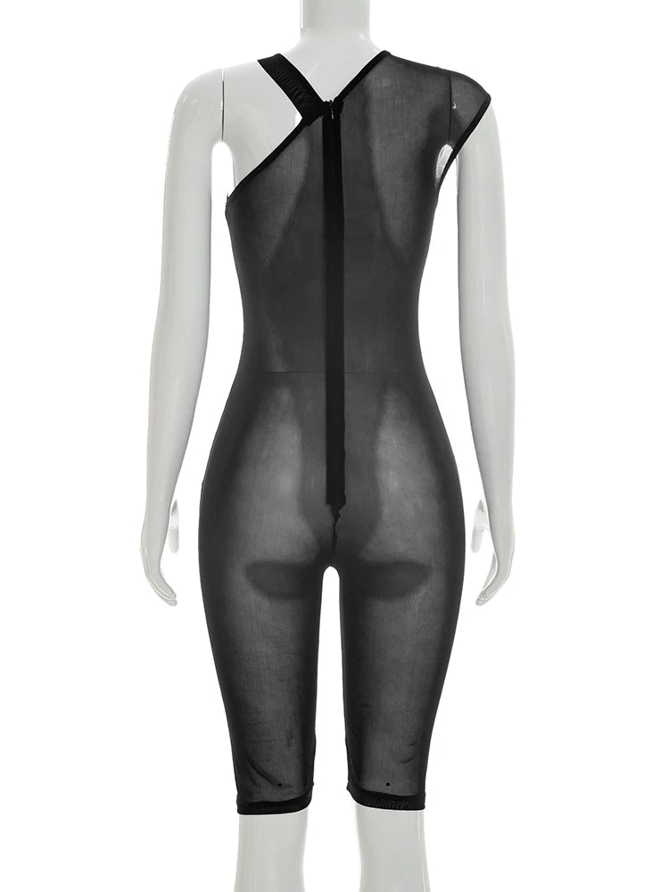 Weird Puss See Through Playsuits Women Solid Irregular Collar Skinny High Elasticity Sexy Midnight Hottie Summer Wild Romper