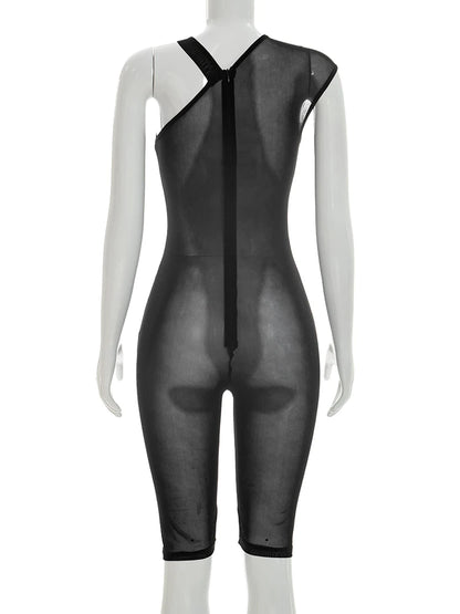 Weird Puss See Through Playsuits Women Solid Irregular Collar Skinny High Elasticity Sexy Midnight Hottie Summer Wild Romper