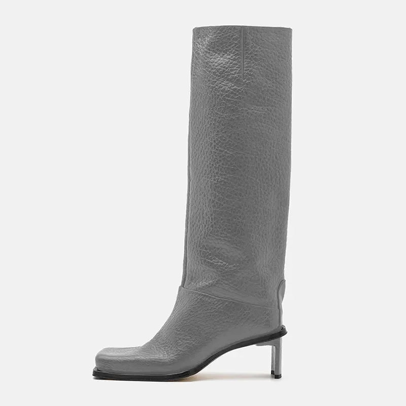2026New Fashionable Square Head High Heels Women's Knee Length Boots with Side Zipper Stone Pattern Women's Mid Length Boots