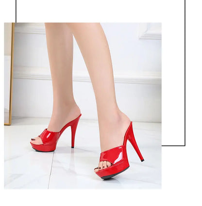 13CM Woman Slippers Mule Patent Leather Sandals Sexy Fashion Slides Party Shoes for Women Luxury Black Summer Platform Sandals