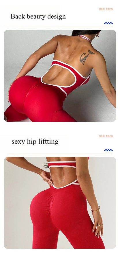 European Style Line Block Bodysuit Women One Piece Yoga Set Seamless Fitness Set Long Pants Gym Workout Fashion Sports Bodysuit