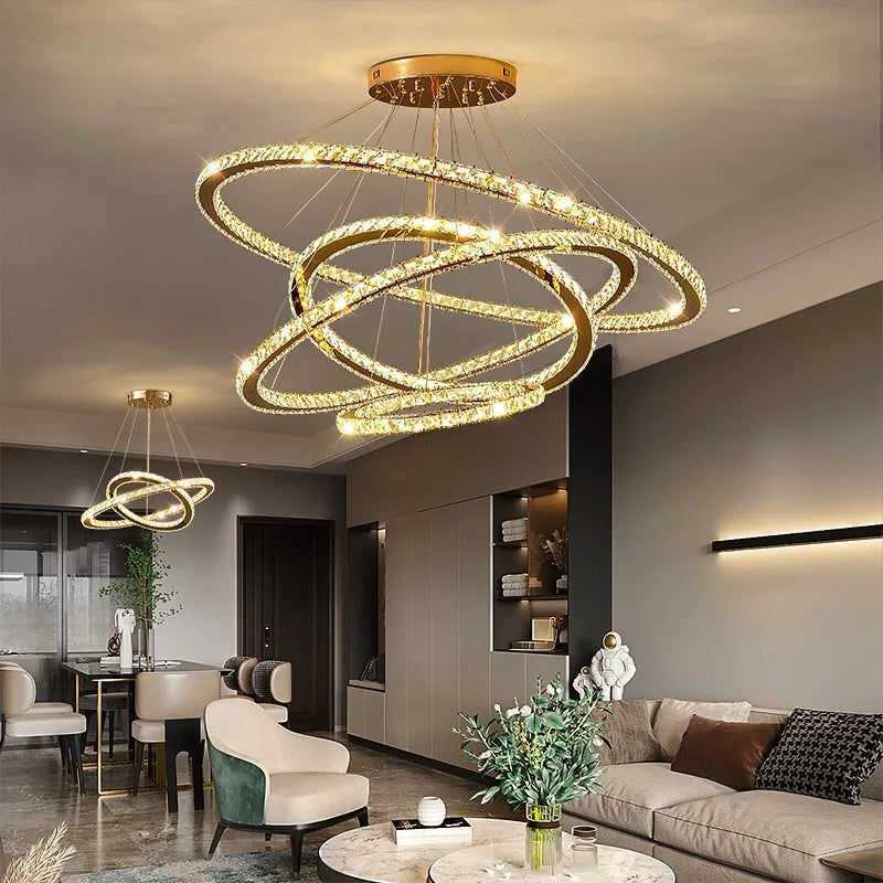 Modern LED Luxury Crystal Chandelier Villa Staircase Living Room Dimming Circular Gold Chandelier Home Lighting Indoor Light
