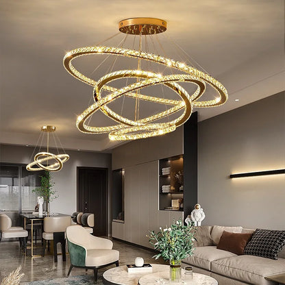 Modern LED Luxury Crystal Chandelier Villa Staircase Living Room Dimming Circular Gold Chandelier Home Lighting Indoor Light