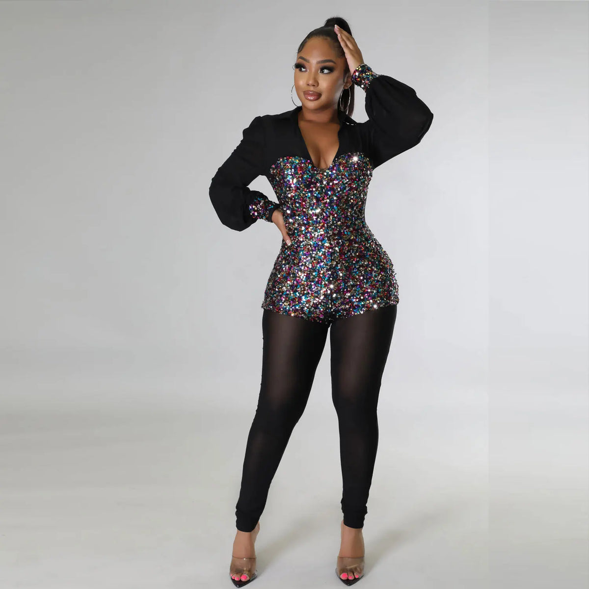 Sequined Club Pencil Jumpsuit Sexy Women V-neck Bodycon Autumn Sequins Party Overalls Romper