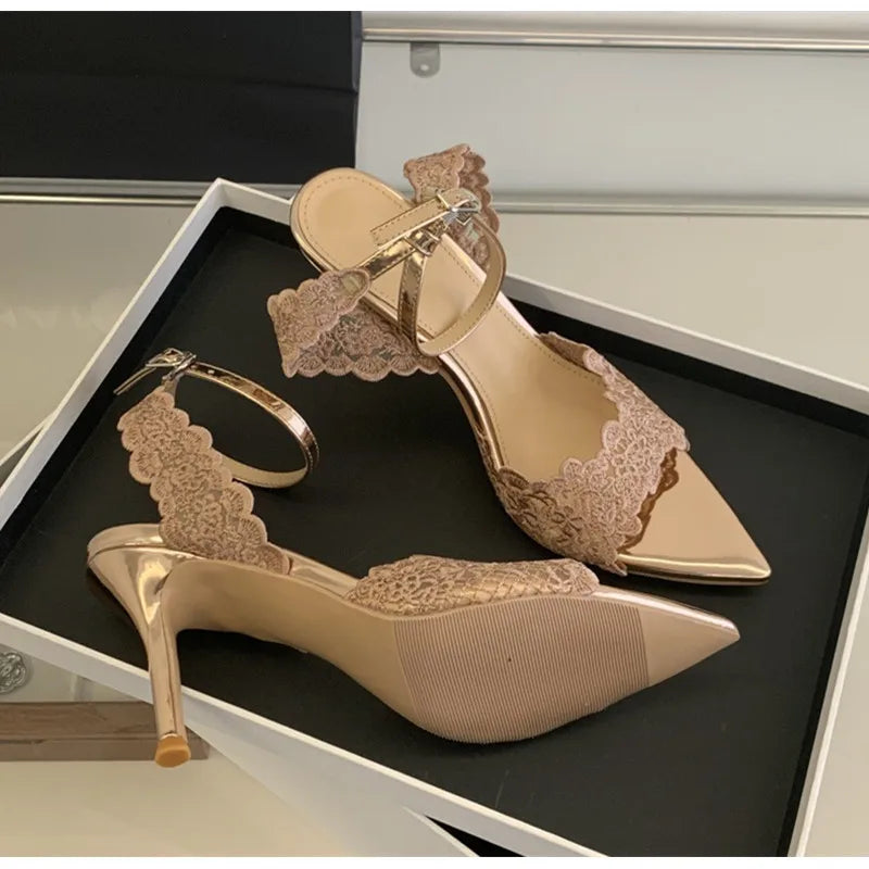Luxury Lace Embroidery Ankle Strap Buckle Women Gladiator Sandals Elegant Thin High heels Summer Fashion Party Wedding Shoes