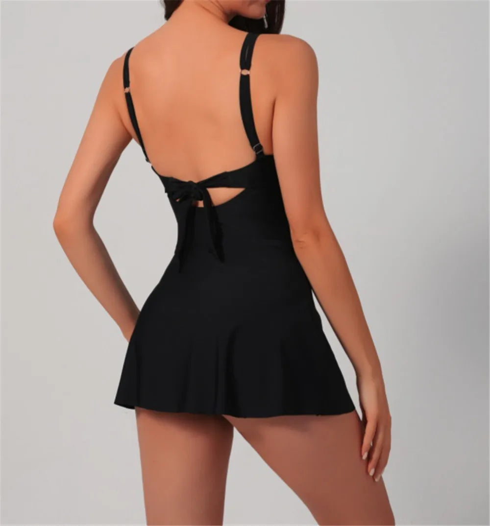Vigoashely 2026 Summer Blue Tied Dress Monokini Swimwear Women Solid One Piece Swimsuit Lady V Neck Backless Beach Bathing Suit