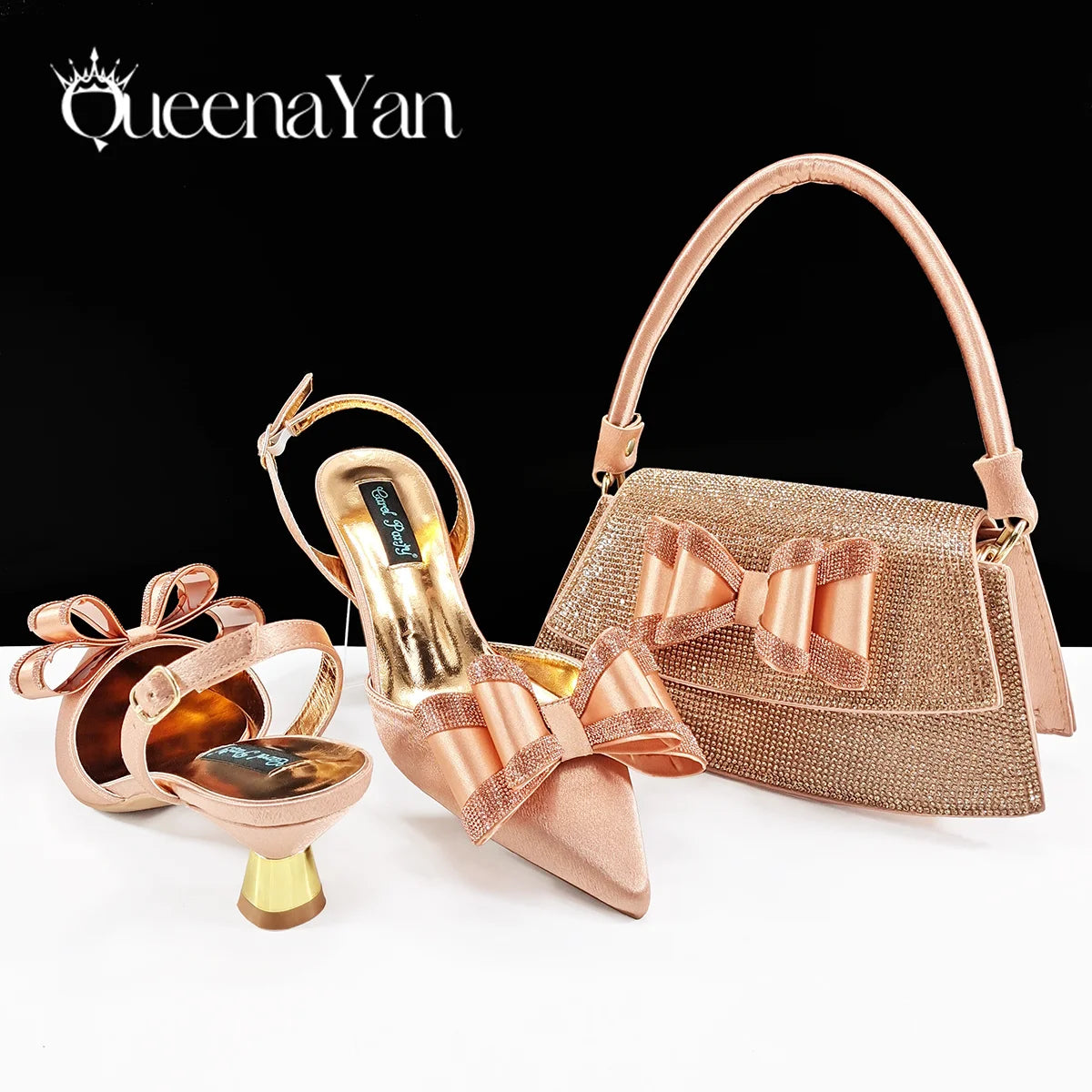 Queena Yan Hot Selling Fashion Mature Coffee Color Butter-fly Design Pointed Toe High Heel Party Wedding Lady Shoes and Bag Set