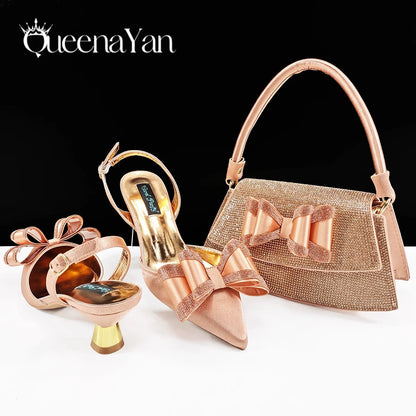 Queena Yan Hot Selling Fashion Mature Coffee Color Butter-fly Design Pointed Toe High Heel Party Wedding Lady Shoes and Bag Set