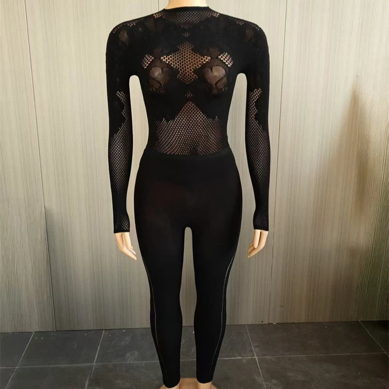 Doyerl Black Bodycon Rompers and Jumpsuits for Woman Long Sleeve See Through Mesh Patchwork Skinny One Piece Catsuit Overalls