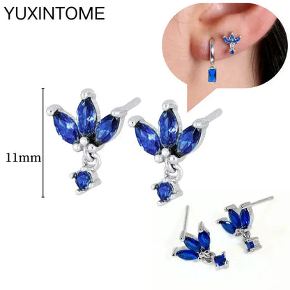 925 Sterling Silver Needle Dark Blue Crystal Silver Earrings Women's Exquisite Heart Blue Pendant Hoop Earrings Luxury Jewelry