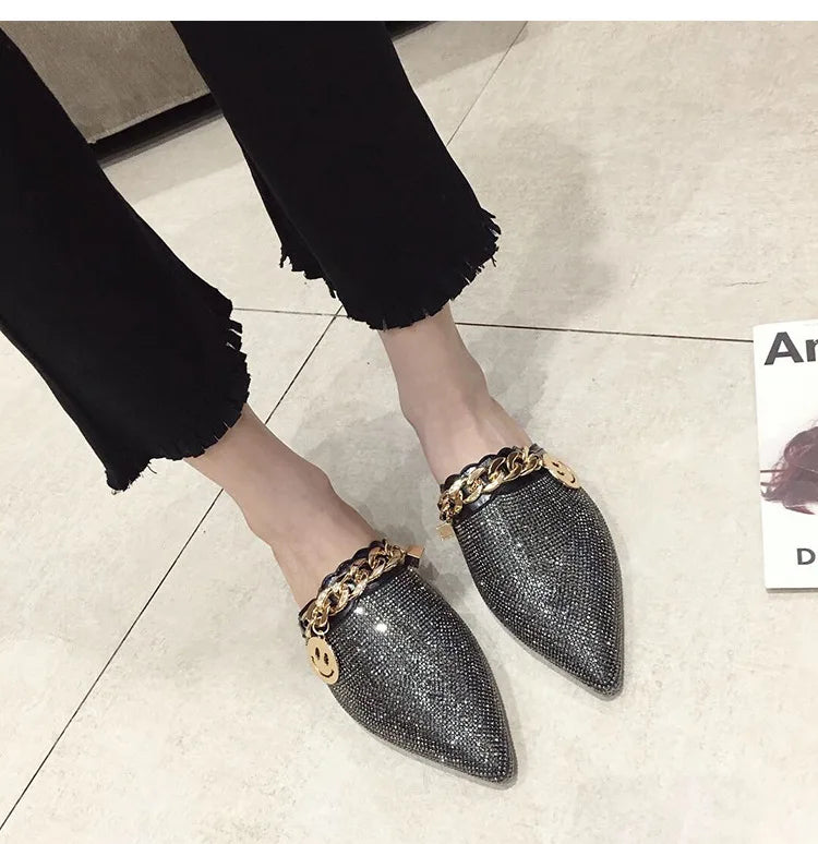 2025 New Summer Shoes for Women Luxury Slipper Girl Bling Crystal Chain Casual Flat Sandals Girl Pointed Toe Slides
