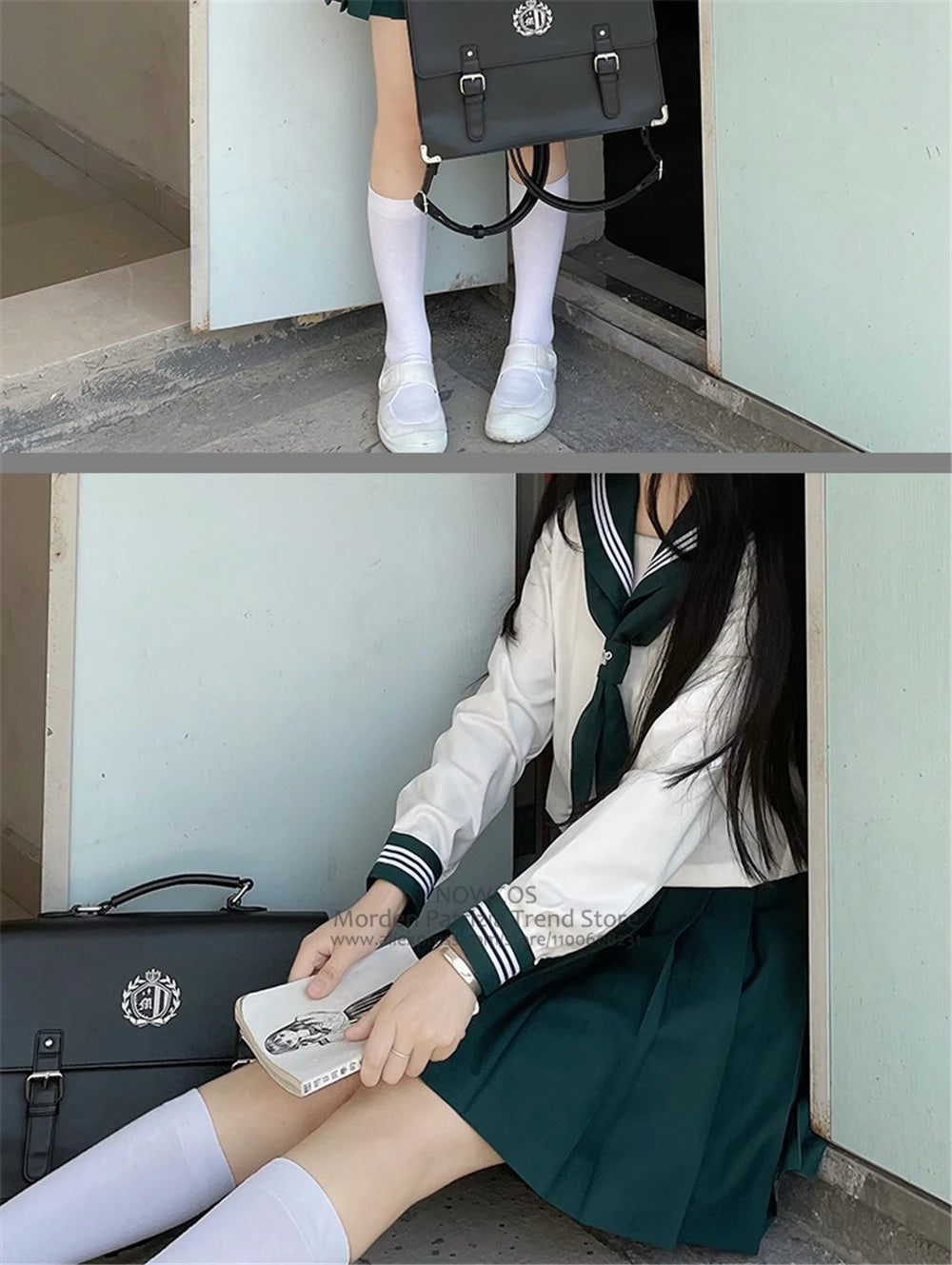 Japanese School Girl Uniform XS-XL JK Green Sailor Basic Cartoon Three Lines Sailor Uniform Sets Navy Costume Women Girl Costume