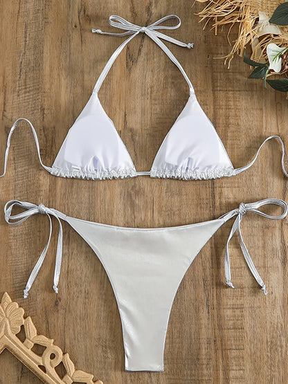 Sexy Metallic Halter Bikinis Sets Lace Up Triangle Tie Side Bikini 2026 Swimsuit Women Swimwear Brazilian Female Bathing Suits