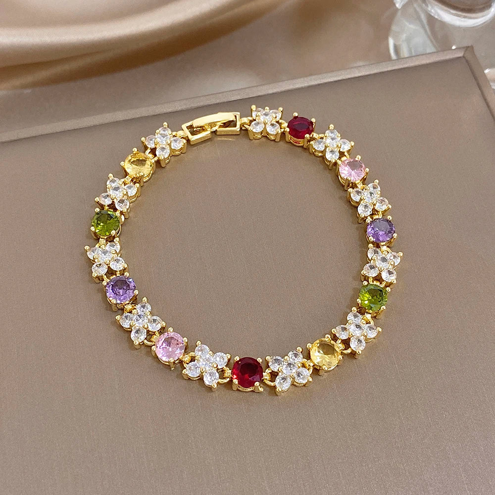 Greatera Flower Colorful Cubic Zircon Filled Decoration Women's Bracelet Delicacy Wear Party Wrist Bangle European American New