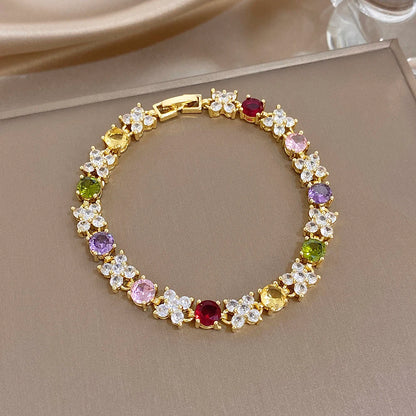 Greatera Flower Colorful Cubic Zircon Filled Decoration Women's Bracelet Delicacy Wear Party Wrist Bangle European American New