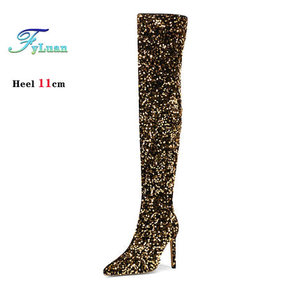 Over-the-Knee Boots for Women Pink Sequins Point Toe Boots Thin High-heeled Purple Thigh Long Boots Sexy Zip Heels Stiletto Shoe