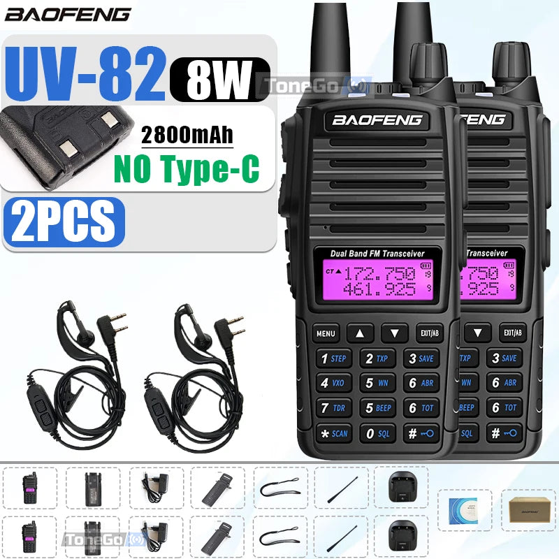 1/2Pcs Baofeng UV-82 Walkie Talkie 5/8W Tri-Power FM Radio Type-C Charger Dual PTT Dual Band VHF/UHF Two Way Camouflage For Hunt