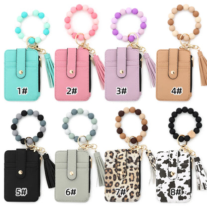2025 Silicone bead pu leather key chain wristlet id credit card holder keychain wallet for women with bangle bracelet
