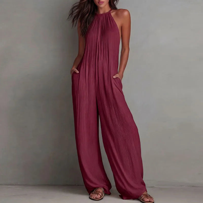 Women's Halter Sleeveless Jumpsuit New Beach Vacation Textured Overalls with Pockets Wide Leg Romper Casual Spring Summer Outfit