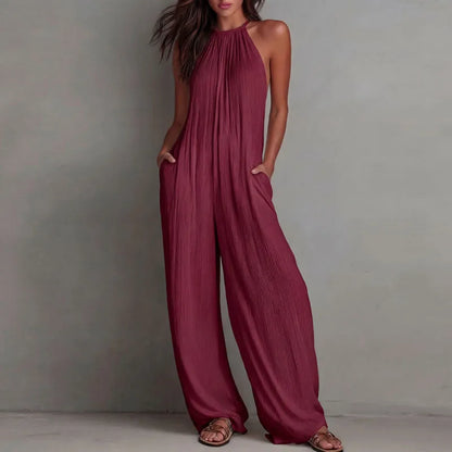 Women's Halter Sleeveless Jumpsuit New Beach Vacation Textured Overalls with Pockets Wide Leg Romper Casual Spring Summer Outfit