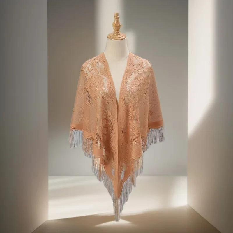Floral Lace Tassel Triangle Shawl Wrap Sheer Hollow Fringe Poncho Cover Up Women Elegant Cape Stole Wedding Party Evening Dress