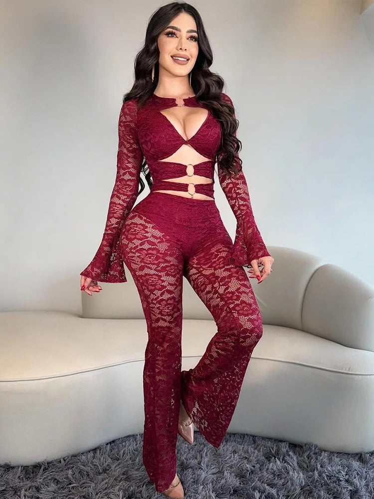 Nibber See Through Jumpsuits Woman Metal Rings Patchwork Hollow Design Sexy Full Sleeve Midnight Club Party Wild Style Overalls