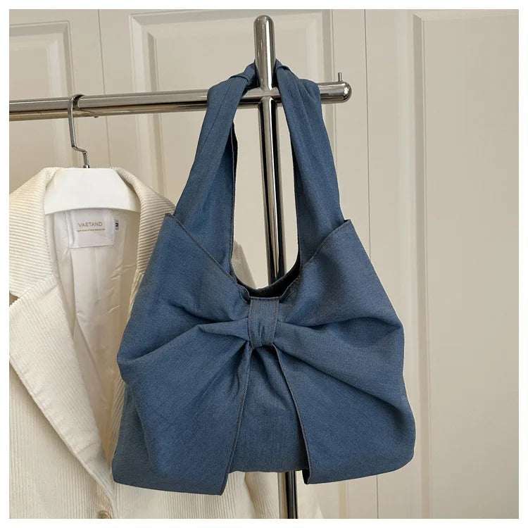 Sweet Bowknot Design Women's Denim Shoulder Bags Commuter Thread Ladies Handbags Casual Lightweight Female Underarm Tote Bag