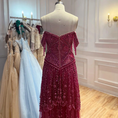 Serene Hill 2026 Luxury Fuchsia Arabic Beaded A-Line Evening Dress With Tassels For Formal Wedding Party BLA73594 Customized