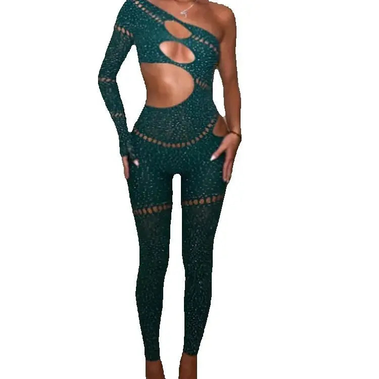 Whatiwear Rhinestones Patchwork Jumpsuit Women Sexy Hollow Skew Collar Single Sleeve Hottie Midnight Club Party Coquett Overalls